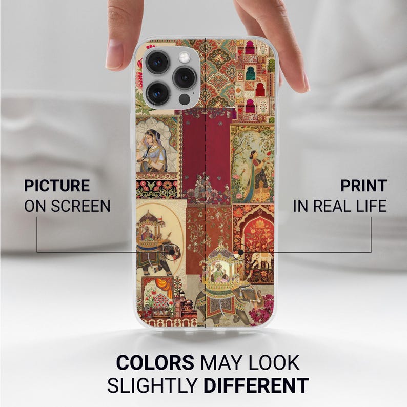 May include: A phone case with a colourful, patterned design featuring Indian-inspired artwork. The case has a clear border and displays text that reads "PICTURE ON SCREEN" and "PRINT IN REAL LIFE". The bottom of the case has the text "COLORS MAY LOOK SLIGHTLY DIFFERENT".