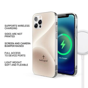 May include: A clear phone case with a gold design and the text "God is good" on the back. The case is compatible with wireless charging and has a raised bumper to protect the screen and camera.