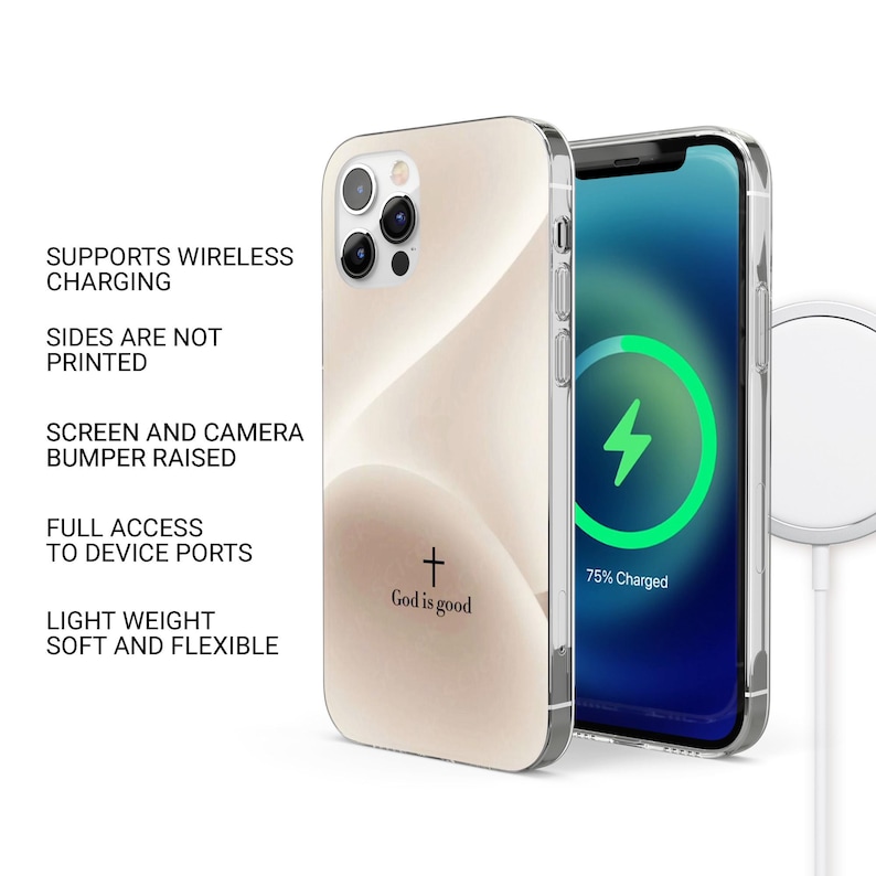 May include: A clear phone case with a gold design and the text "God is good" on the back. The case is compatible with wireless charging and has a raised bumper to protect the screen and camera.