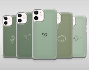 May include: Five sage green phone cases with clear edges. Each case has a different minimalist white line drawing: a flower, aeroplane, heart, cloud, and butterfly. The cases are arranged in a row.