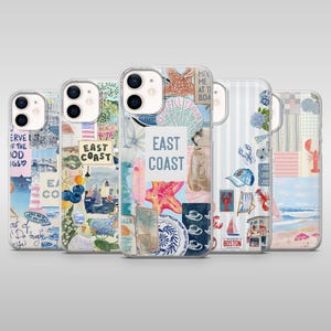 May include: Five clear phone cases with colorful collage designs. The designs include beach-themed elements like starfish, seashells, and sailboats, with the text "EAST COAST" and other phrases. The cases are arranged in a row.