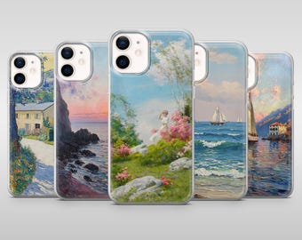 Peut inclure: Cinq coques d'iPhone présentant des peintures de paysages. Les coques affichent des scènes variées, notamment des vues côtières avec des voiliers, une femme près de fleurs roses et une maison avec un sentier. Chaque coque a une bordure transparente.