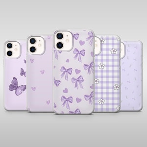 May include: Five phone cases in a light purple hue, each with a unique design. Patterns include butterflies, hearts, bows, gingham checks, and floral arrangements. The cases are made of clear plastic.