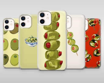 May include: A collection of phone cases featuring olive designs. The cases display various olive illustrations, including whole olives, olives in a bowl, and stacked olives with red filling. The cases have a clear border and a variety of background colors.