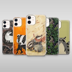 Könnte beinhalten: Fünf Handyhüllen mit Tierillustrationen. Designs umfassen einen Dachs in einem Mandala, einen Dachs mit Herbstblättern, zwei Dachse mit Schals, Dachse in floraler Umgebung und einen Waschbären.