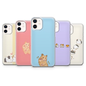 May include: Set of five phone cases featuring different illustrations of hamsters. The cases are clear with a white background and feature various hamster designs, including a hamster holding a heart, a hamster with a peace sign, and a hamster with a flower.