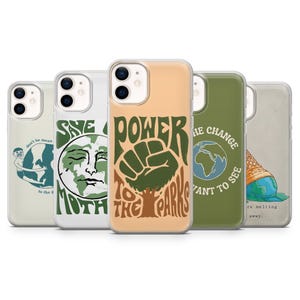 May include: Set of five phone cases with different designs promoting environmental awareness. The designs feature a green fist, a melting ice cream cone, a globe with a face, a globe with a hand, and a globe with the text "Save Our Mother Earth".