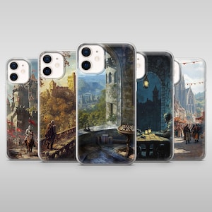 Peut inclure: Ensemble de cinq coques de téléphone avec des illustrations de châteaux médiévaux. Chaque coque présente une scène différente, avec des chevaliers, des paysages et des détails architecturaux. Les coques ont un design clair et protecteur.