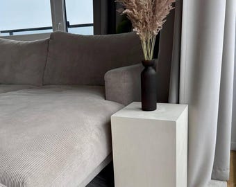 Puede incluir: Un pedestal de hormigón blanco con un jarrón negro lleno de hierba de la pampa seca en la parte superior. El pedestal está sentado en una alfombra blanca frente a un sofá gris.