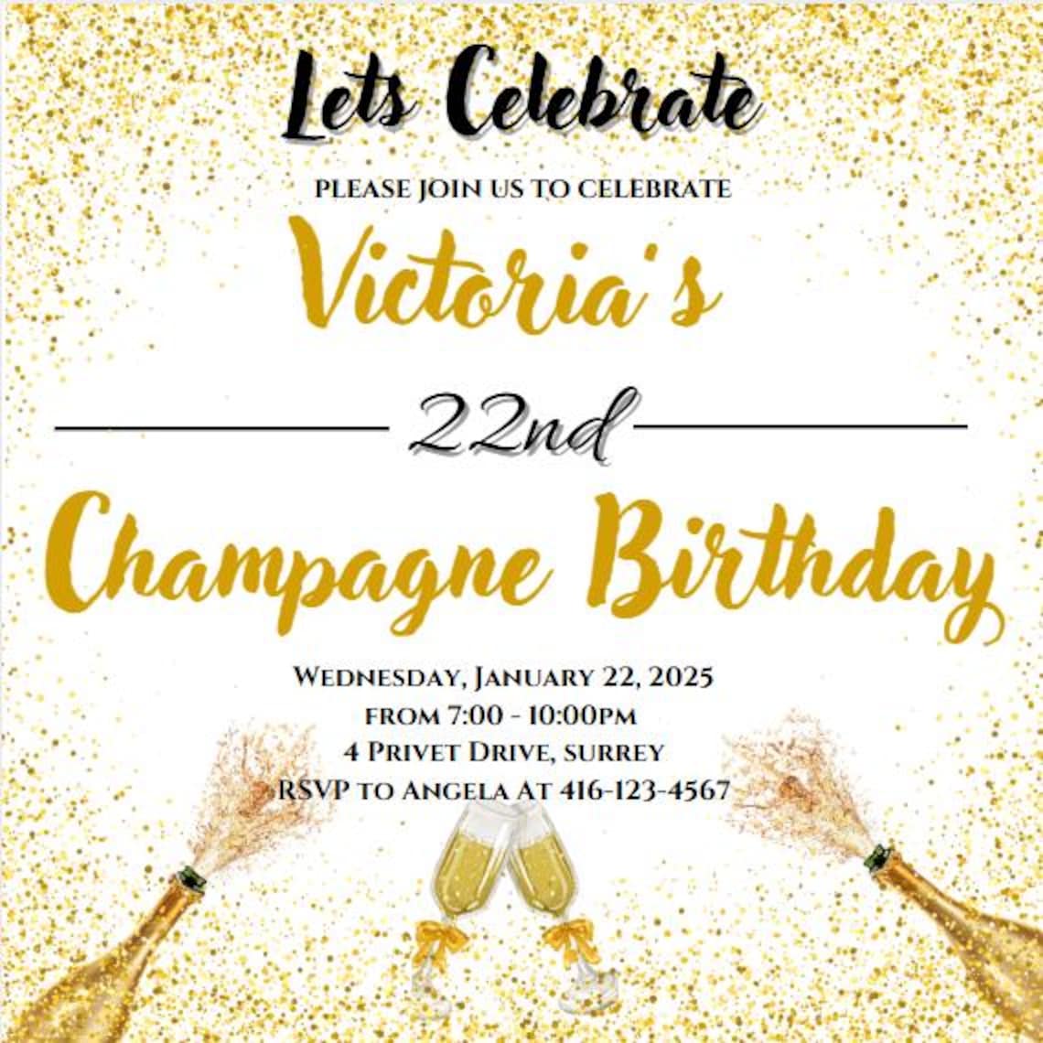 Gold Glitter Champagne Birthday Invitation Template Editable Digital