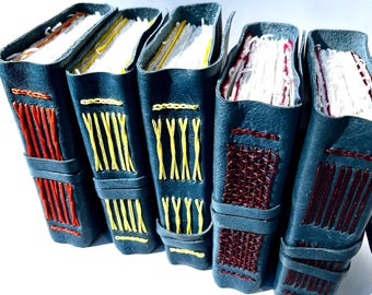 Può includere: Quattro piccoli diari rilegati in pelle blu con cuciture colorate. Ogni diario ha un filo di colore diverso utilizzato per la cucitura. I diari sono allineati in una fila, con le cuciture rivolte verso lo spettatore.
