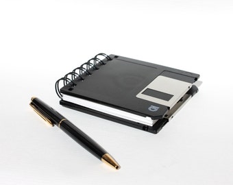 Floppy Disk Notebook - Geek Book - Recycled Computer Diskette -  Black - Multi Color