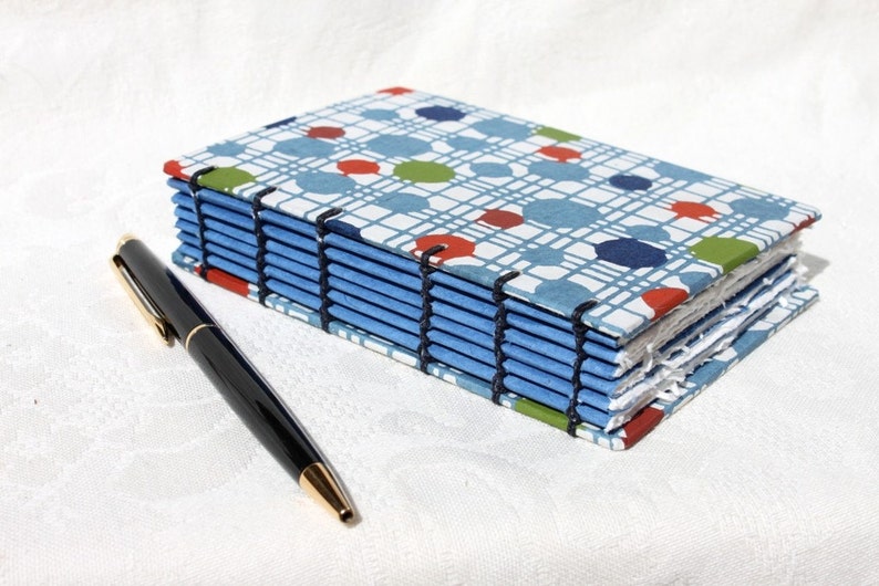 Handbound Journal or Notebook Handmade Japanese Paper Blue Green Red Circles image 4