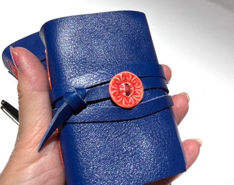 SPECIAL - Blue Leather Journal Notebook Travel Journal Diary with Orange Adornment