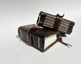 Handmade Leather Travel Journal: Wee Dark Brown Book with Porcelain Adornment