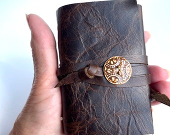 Special - Wee Notebook Blank Book Travel Journal Diary Handmade Dark Brown Leather with Handmade Porcelain Adornment