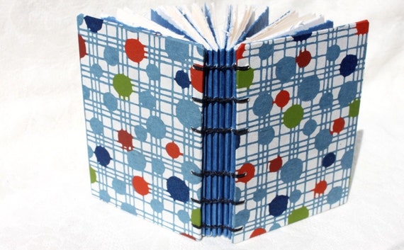 Handbound Journal or Notebook - Handmade Japanese Paper - Blue Green Red Circles