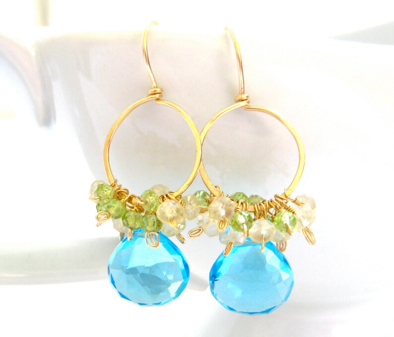 Swiss Blue Quartz Gold Hoop Earrings Green Peridot 14k Gold Handmade Jewelry Gemstone Teardrops Lemon Quartz
