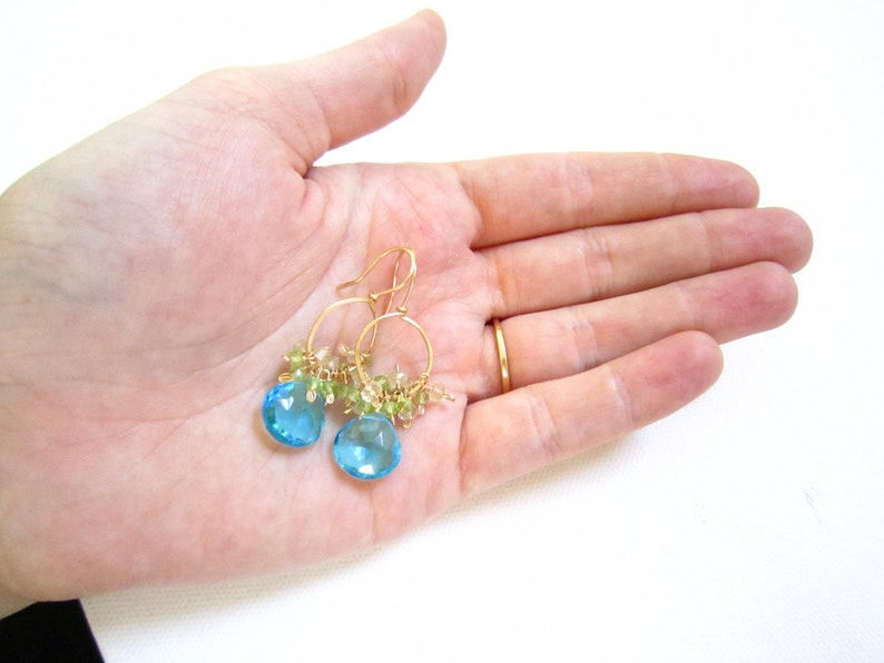 Swiss Blue Quartz Gold Hoop Earrings Green Peridot 14k Gold Handmade Jewelry Gemstone Teardrops Lemon Quartz