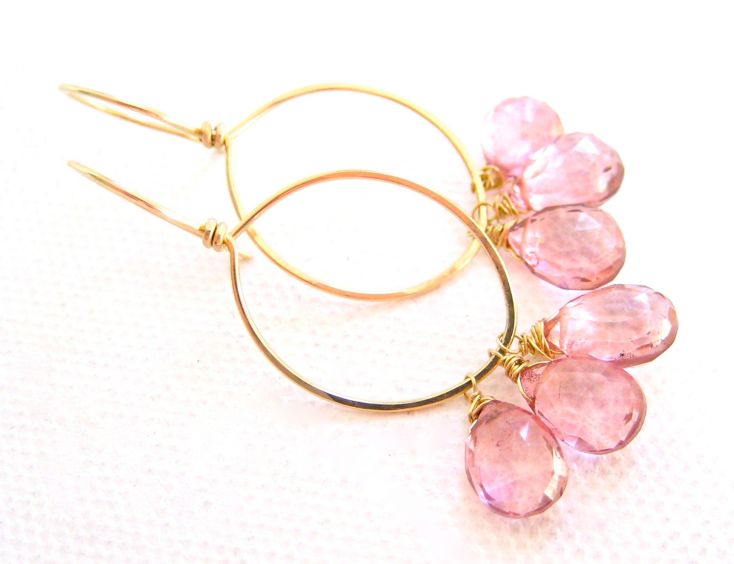 Gold Hoop Earrings Pink Quartz Teardrops Handmade Jewelry Etsy
