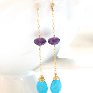 Turquoise Gold Earrings Purple Amethyst Aqua Blue French Cote Etsy