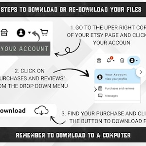 May include: A graphic illustration showing steps on how to download or re-download files from Etsy. The illustration shows a computer screen with a drop-down menu that says "Purchases and Reviews". The illustration also shows a cloud with a download arrow.