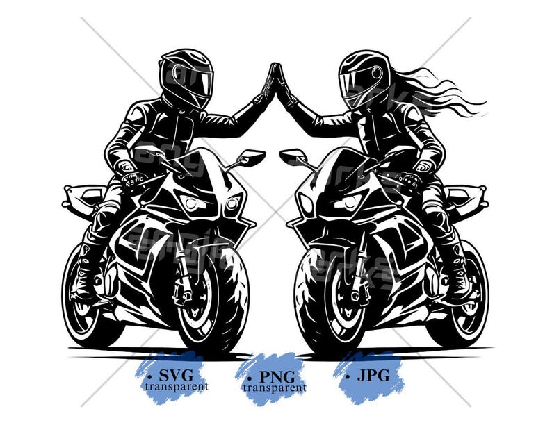 May include: Black and white illustration of two people riding motorcycles. They are both wearing helmets and leather jackets. The motorcycles are facing each other and have a high five in the air.