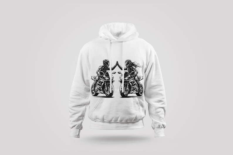 May include: White hoodie with a black and white graphic of two people riding motorcycles. The people are facing each other and appear to be high-fiving.
