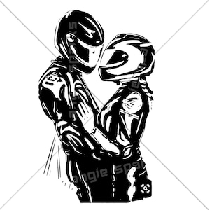 Può includere: Illustrazione in bianco e nero di due persone con caschi da motociclista che si abbracciano.