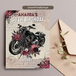 Editable Motorcycle Birthday Invitation, Motorbike Party Invite, Girl Women Birthday Invitation, Vintage Motorcycle, Ride, Harley Davidson