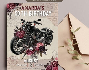 Editable Motorcycle Birthday Invitation, Motorbike Party Invite, Girl Women Birthday Invitation, Vintage Motorcycle, Ride, Harley Davidson