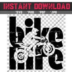 以下が含まれることがあります： バイクの画像の上に「bike」という単語、下に「life」という単語が書かれた、白黒のグラフィックデザイン。デザインは、使い古されたヴィンテージな外観です。