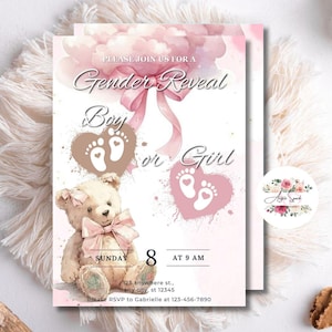 Editable Gender Reveal Invitation Template, Boy or Girl Pink Beige Bear Gender Reveal Card, Welcome To The World Card Invitation, Newborn
