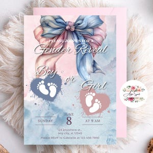 Editable Gender Reveal Invitation Template, Boy or Girl Pink Blue Bow Gender Reveal Card, Welcome To The World Card Invitation, Newborn Baby