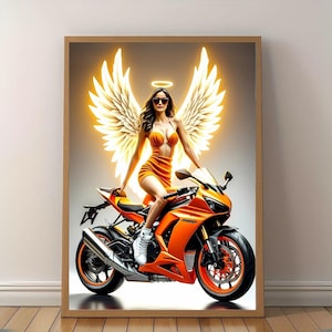 Motocykl Seksowna Dziewczyna Sztuka Ścienna, Pomarańczowy Motocyklista Sztuka Ścienna do Garażu, Jaskini Mężczyzny, Dekoracji Warsztatu Samochodowego, Dekoracji Garażu, Sztuka Ścienna Motocykla NATYCHMIASTOWE POBIERANIE