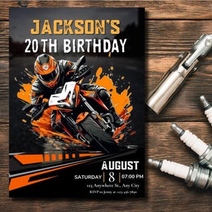 編集可能なバイクの男性の誕生日招待状、MotoGPパーティー、男の子のバイカーの誕生日招待状、スポーツバイク、男の子の誕生日、バイクの招待状