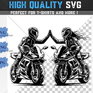 May include: Two black and white illustrations of people riding motorcycles. The people are wearing helmets and are giving each other a high five.