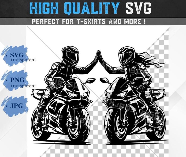 May include: Two black and white illustrations of people riding motorcycles. The people are wearing helmets and are giving each other a high five.