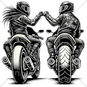 May include: Two black and white illustrations of people riding motorcycles. The people are wearing helmets and leather jackets. The motorcycles have large tyres and are facing each other. The text on the back of one jacket says "Reckless Motorcycle".