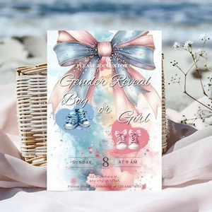 Editable Gender Reveal Invitation Template, Boy or Girl Pink Blue Bow Gender Reveal Card, Welcome To The World Card Invitation, Newborn Baby
