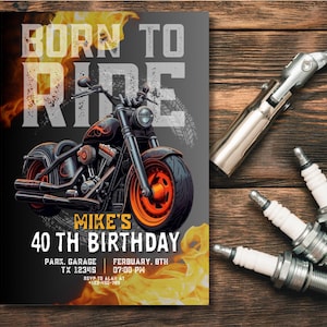 編集可能なBorn To Ride Menの誕生日招待状、バイクパーティー招待状、Boys Menの誕生日招待状、ビンテージバイク、バイクカード
