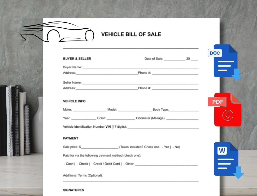 Vehicle Bill of Sale. Printable Motor Vehicle Sale Contract. Vehicle