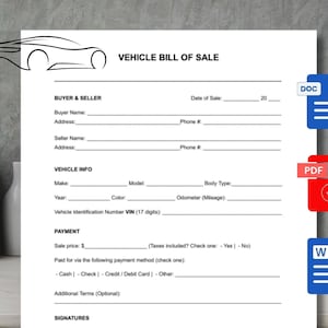 Vehicle Bill of Sale. Printable Motor Vehicle Sale Contract. Vehicle Bill of Sale Template. Editable Google Docs, WORD PDF. Instant Download