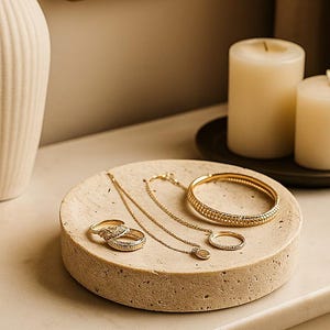 May include: A beige, round jewelry tray holds gold rings, necklaces, and a bracelet. A gold jar and a white vase are on the left. Two lit candles sit on a black plate in the background. The scene is set on a white dresser.