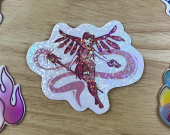 Mercy Holographic Sticker - Hand Drawn Overwatch 2 Inspired Art - 2.8in x 2.3in - Water Resistant Laminated Vinyl