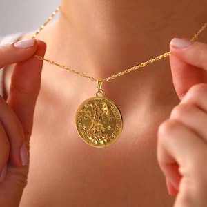 Gold Aquarius Zodiac Necklace, Water Bearer Medallion, Astrology Pendant, Horoscope Jewelry, Unique Aquarius Gift, Gift for Her