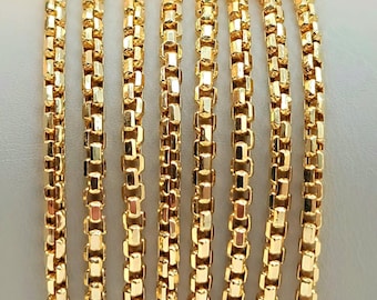 18K Gold Box Chain Necklace, Heavy Round Links, Made in Italy