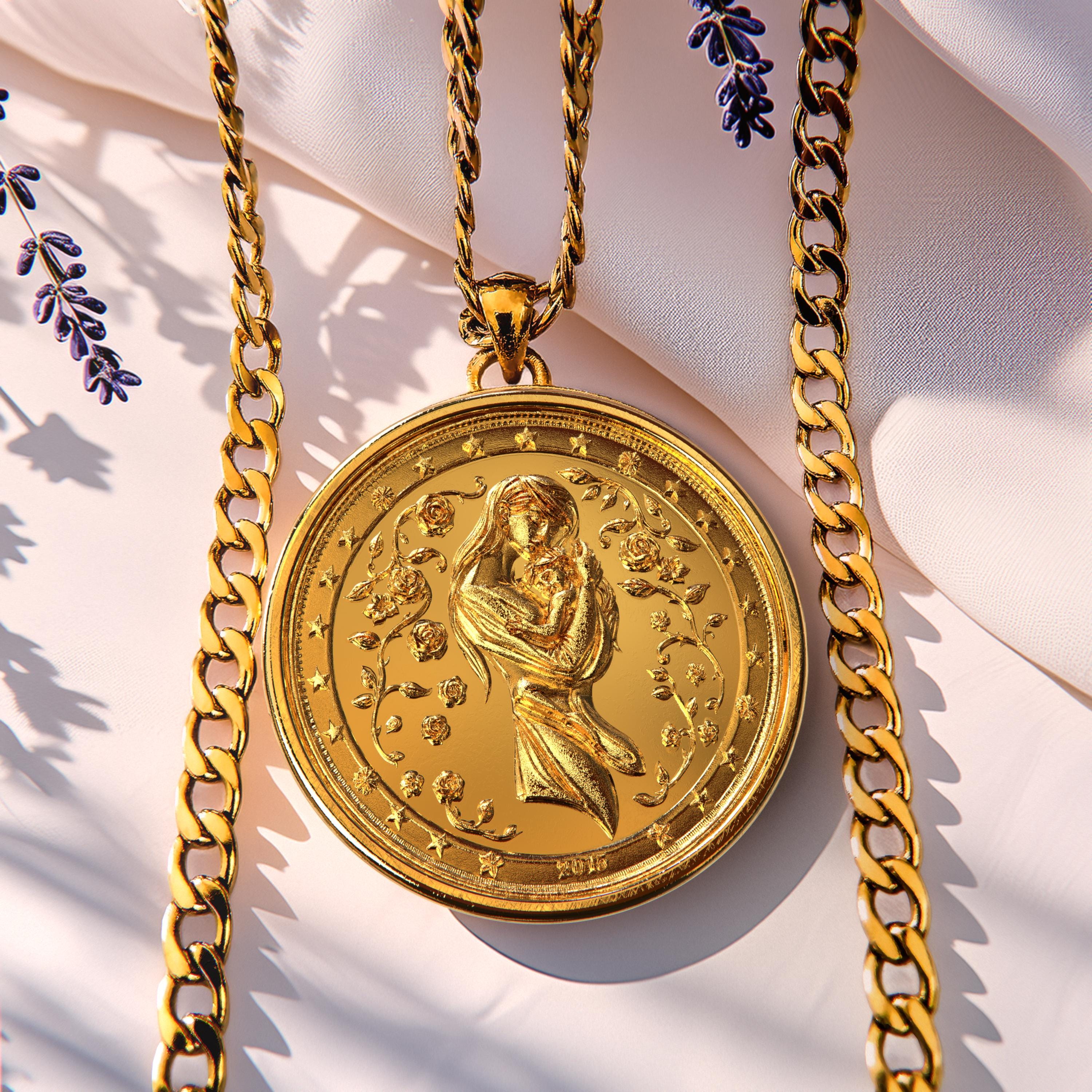 Mother’s Day 2025 Necklace, Mother Cradling Baby Pendant, Gold Floral Pendant for New Mom, Jewelry Gift for Mom, First Mother’s Day Necklace