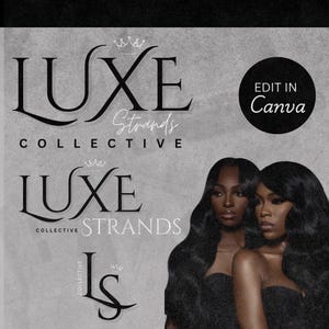 May include: Black and white logo design for a hair extension business called "Luxe Strands Collective". The logo features a stylized crown and the words "Luxe Strands Collective" in a script font. The image also features two women with long, black hair.