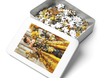 Regency Era Woman Jigsaw Puzzle in Collectable Tin | Chic Yellow and Black Ballgown